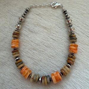 ❤️ 925 Navajo Pearls Saucers, Lace Agate & Spiny Oyster Shell Bracelet 7.25+75”L